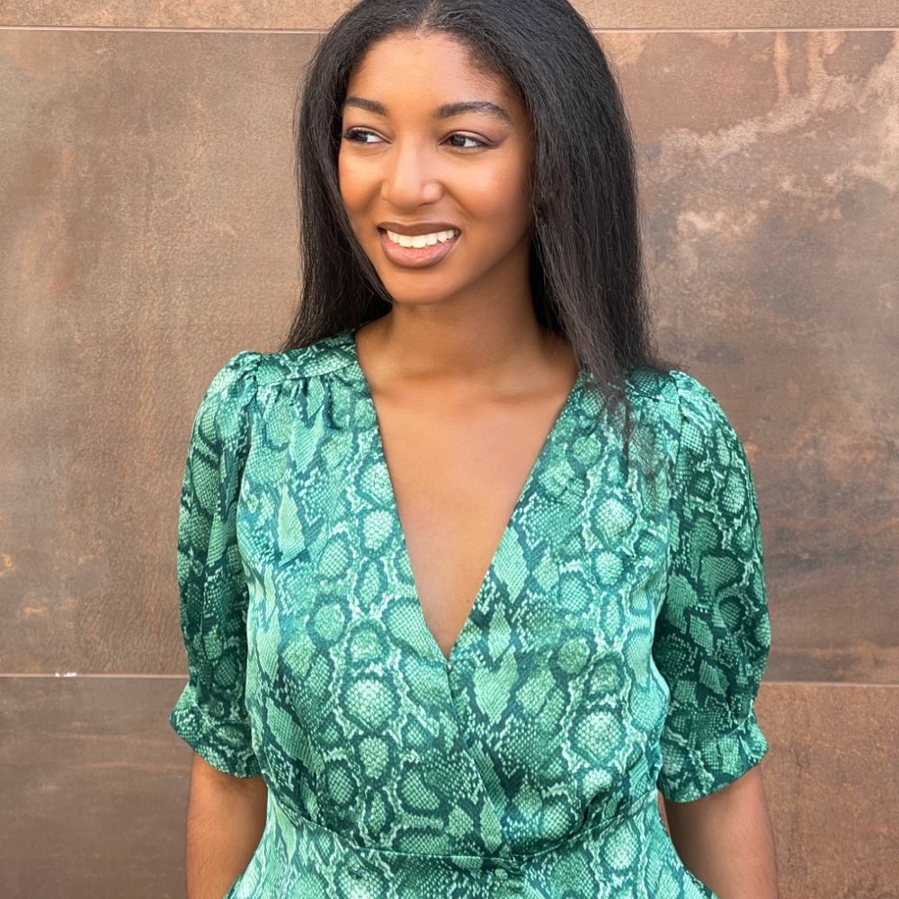 Green Snake Print Puff Sleeve Peplum Blouse